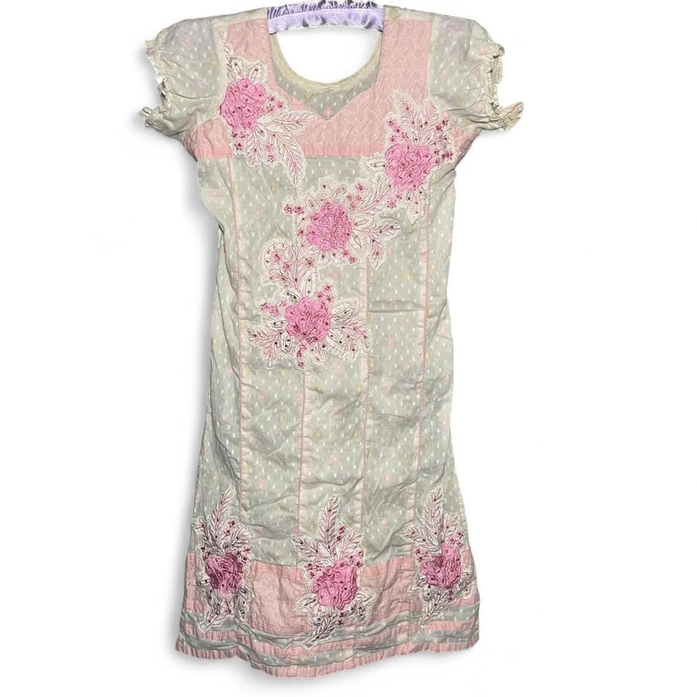 Hand Made Pink Floral Embroidered Dress Tunic Fairy Whimsy
